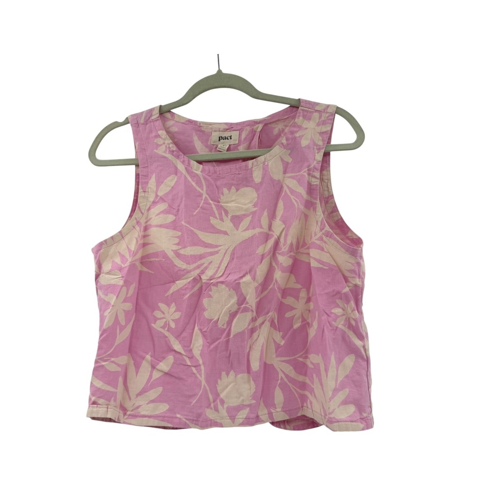 Pact Pink Floral Linen Blend Crossover Back Sleeveless Tank Top Medium